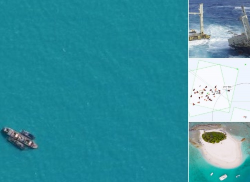 Birdseye view of ship in turquoise waters. To the right are three images. One of a boat at sea, one of a satellite image showing vessels at sea and a birds eye view of a tropical island with white sand and green palm trees.