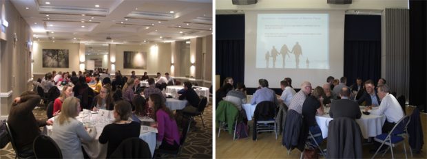 Two images showing delegates sitting around tables. 