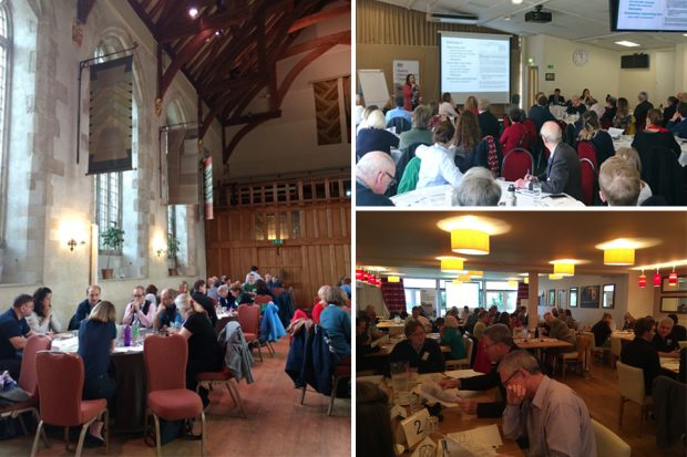 Three images showing delegates sitting around tables having conversations.