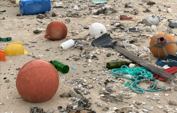There is a wide range of marine litter on Henderson Island. Image of some of the litter on beach including plastic bottles, crates and toothbrushes