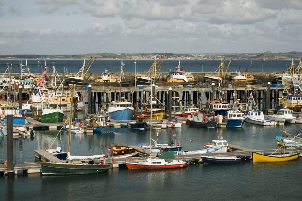 Trawlers and fishing boats moored at Newlyn Harbour, Cornwall, England.